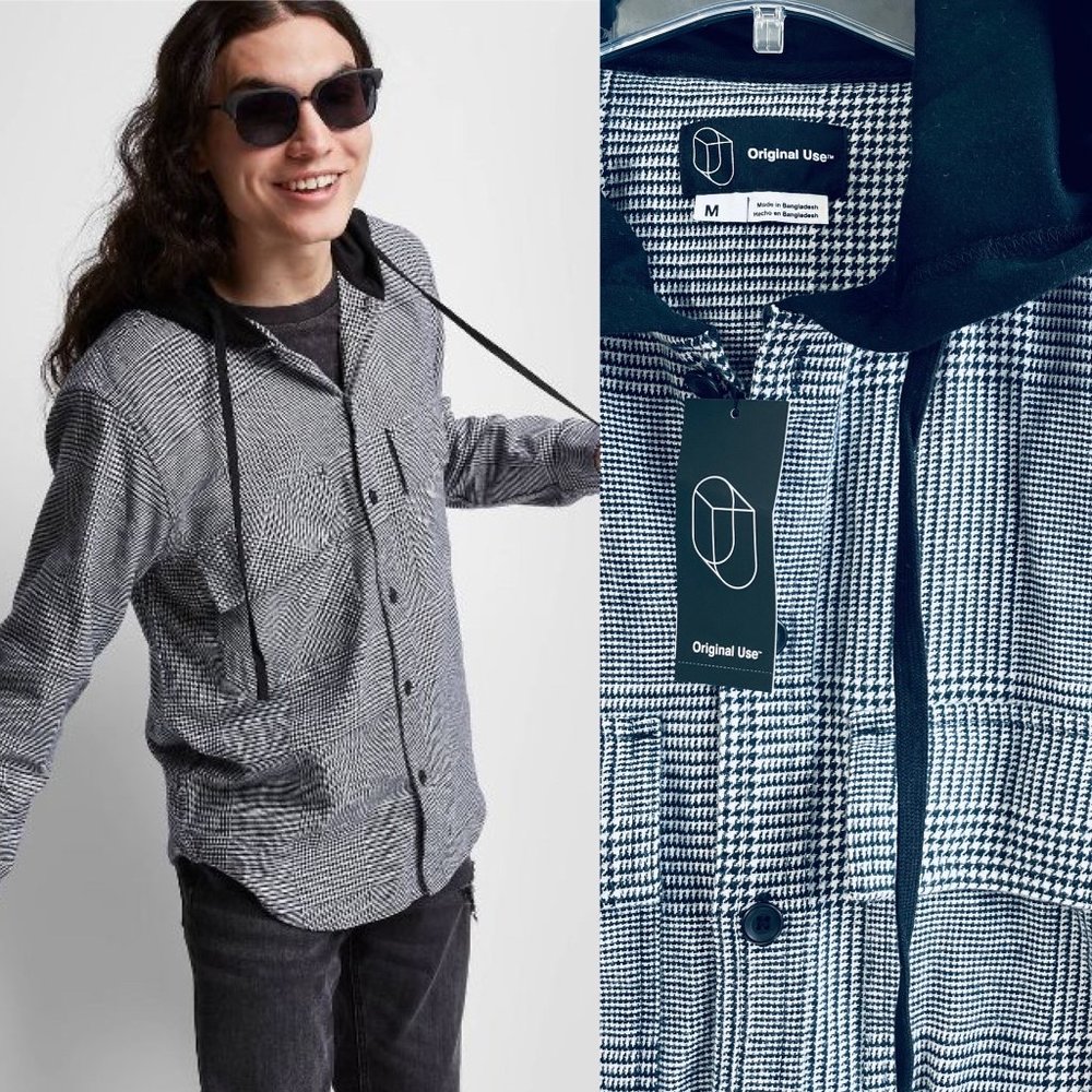 Original Use Mens Medium Long Sleeve Button Down Shirt Hoodie Plaid Soft Adult
